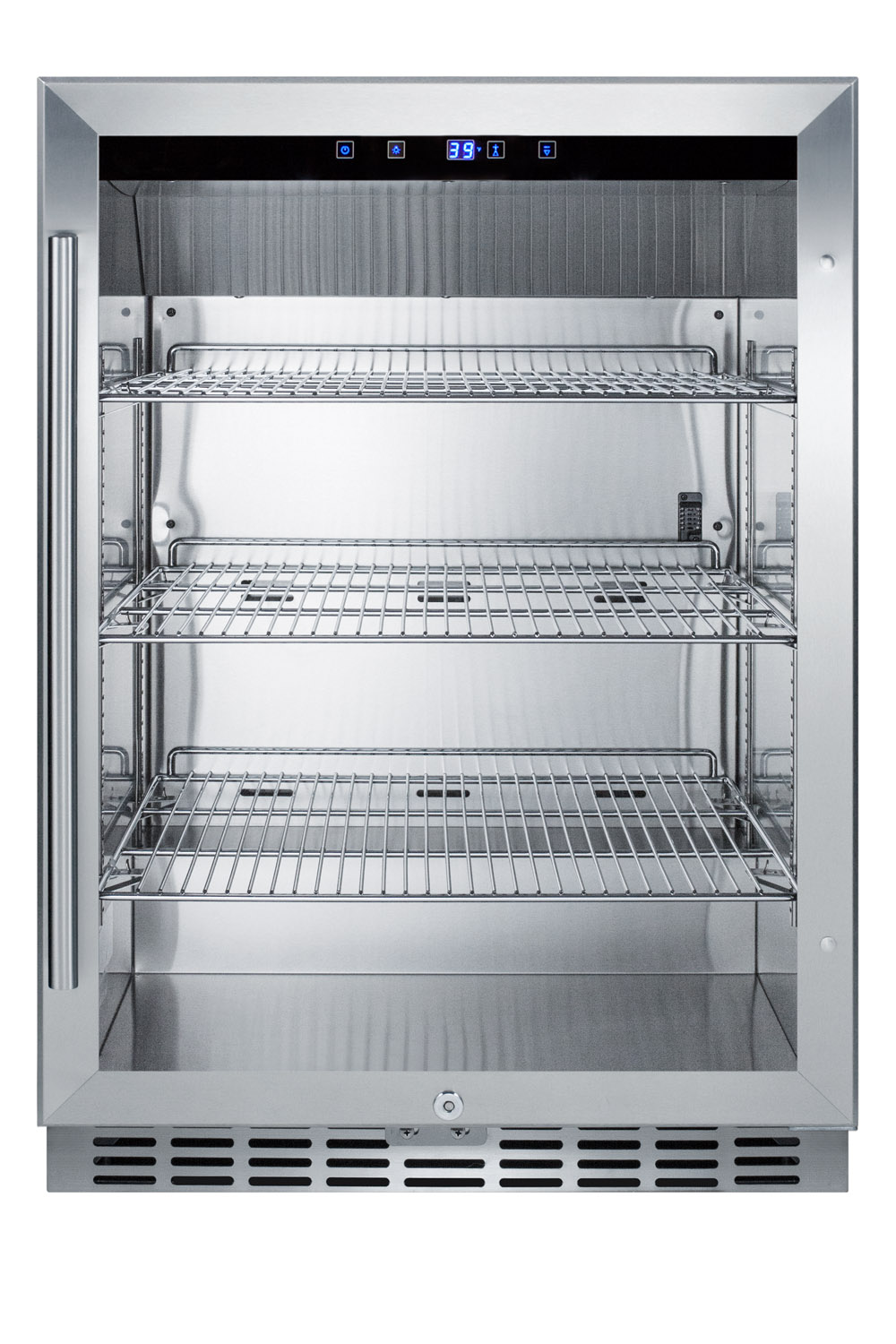 Outdoor built-in undercounter commercial glass door beverage center designed for the display and refrigeration of beverages and sealed food, with stainless steel interior and exterior cabinet